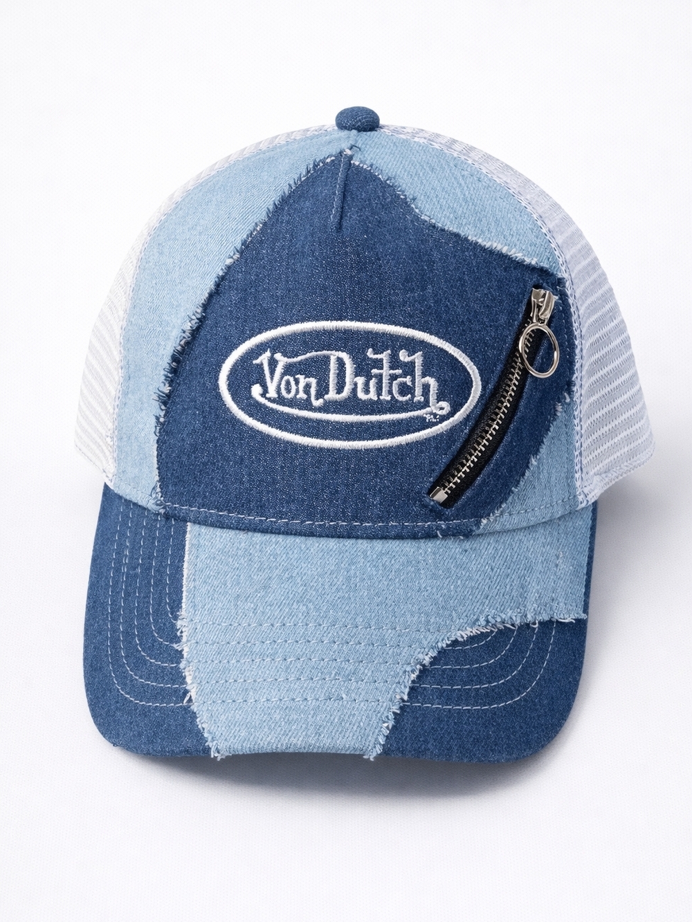 🆕Von Dutch Trucker Hat Denim Patchwork Blue White Mesh Snapback Y2K Streetwear